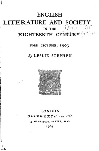 Cover for English Literature and Society in the Eighteenth Century: Ford Lectures, 1903