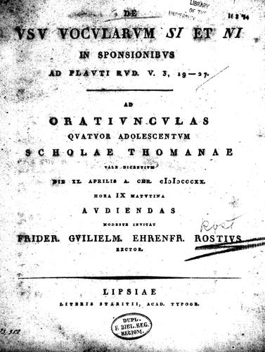 Cover for De vsv vocvlarvm si et ni in sponsionibvs ad Plavti Rvd. v. 3, 19-27 ...