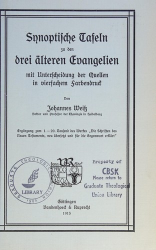 Cover for Synoptische tafeln zu den drei alteren Evangelien