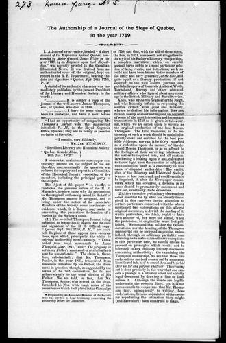 Cover for The authorship of a journal of the Siege of Quebec, in the year 1759