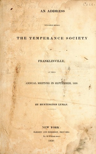 Cover for An address delivered before the Temperance Society of Franklinville