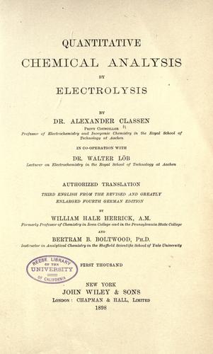 Cover for Quantitative chemical analysis by electrolysis