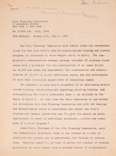 Cover for [1961-62 middle-income housing and renewal program]