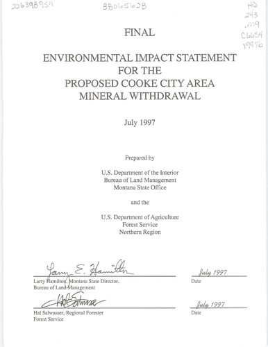 Cover for Environmental impact statement for the proposed Cooke City area mineral withdrawal