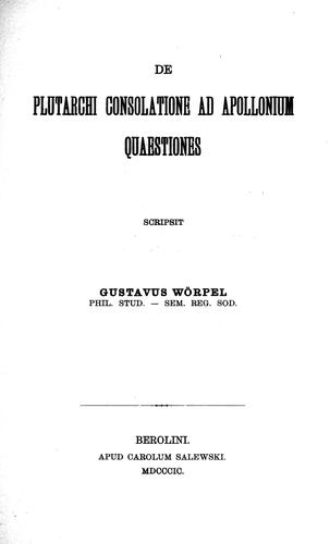 Cover for De Plutarchi Consolatione ad Apollonium quaestiones