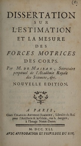 Cover for Dissertation sur l'estimation et la mesure des forces motrices des corps