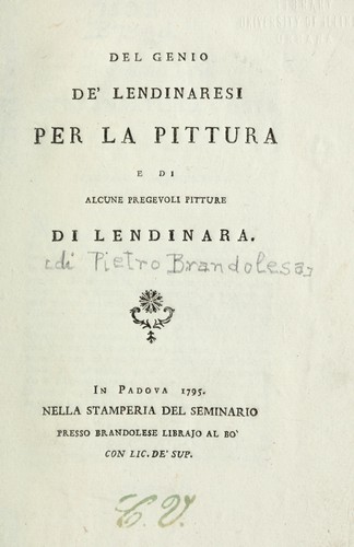 Cover for Del genio de' Lendinaresi per la pittura e di alcune pregevoli pitture di Lendinara