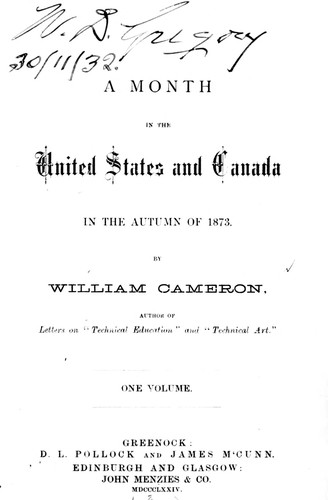 Cover for A month in the United States and Canada in the autumn of 1873