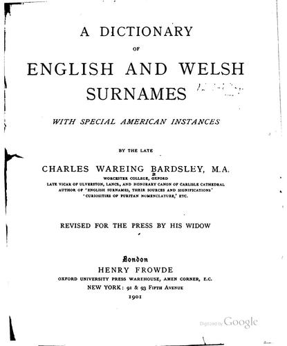 Cover for A dictionary of English and Welsh surnames, with special American instances