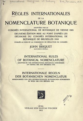Cover for Règles internationales de la nomenclature botanique adoptées par le Congrès international de botanique de Vienne, 1905 =