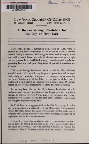 Cover for A modern zoning resolution for the city of New York