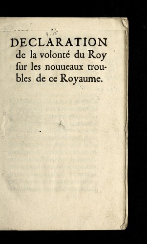 Cover for Declaration de la volonte  du roy sur les nouueaux troubles de ce royaume