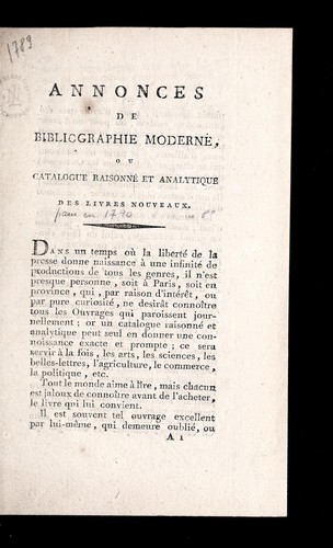 Cover for Annonces de bibliographie moderne, ou, Catalogue raisonne  et analytique des livres nouveaux