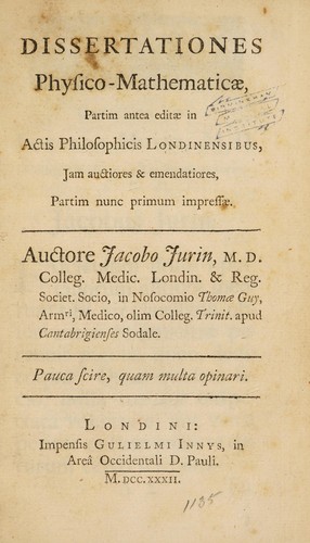 Cover for Dissertationes physico-mathematicae, partim antea editae in Actis philosophicis Londinensibus