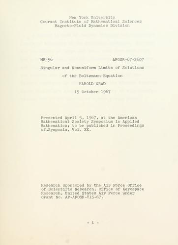 Cover for Singular and nonuniform limits of solutions of the Boltzmann equation.