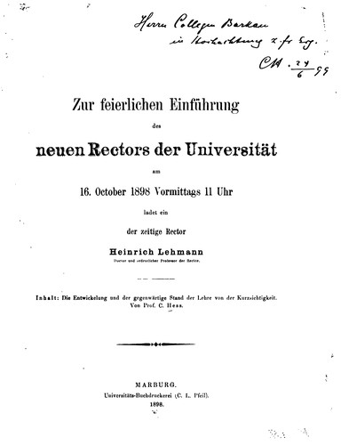 Cover for Die Entwickelung und der gegenwartige Stand der Lehre von der Kurzsichtigkeit