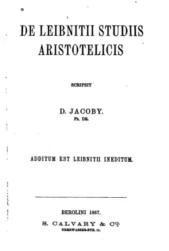 Cover for De Leibnitii studiis Aristotelicis: dissertatio inauguralis ...