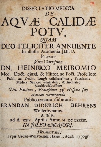 Cover for Dissertatio medica de aquae calidae potu ...