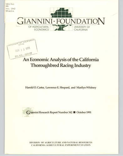 Cover for An economic analysis of the California thoroughbred racing industry