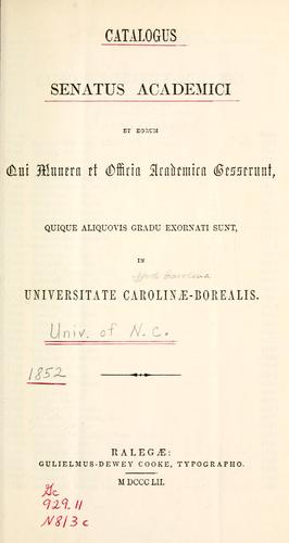 Cover for Catalogus senatus academici et eorum qui munera et officio academica gesserunt, quique aliquoris gradu exornati sunt, in Universitate Carolinae-Borealis, 1852.