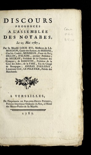 Cover for Discours prononce s a l'Assemble e des notables