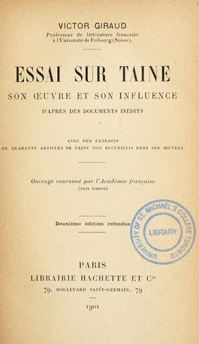 Cover for Essai sur Taine, son œuvre et son influence