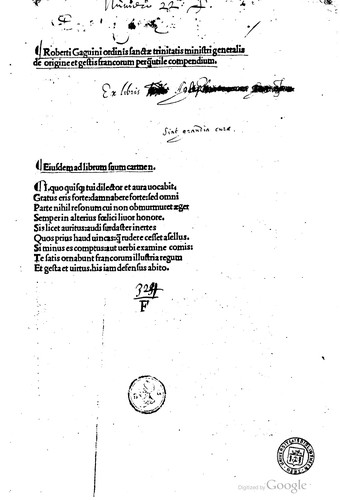 Cover for Roberti Gaguini ordinis sanctae trinitatis ministri generalis de origine et gestis francorum perquam utile compendium