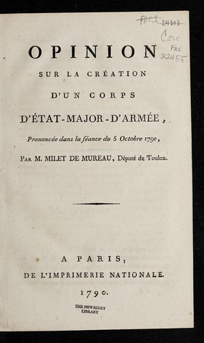 Cover for Opinion sur la cre ation d'un corps d'e tat-major-d'arme e