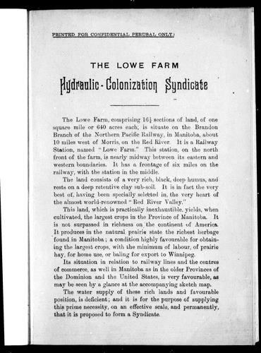 Cover for The Lowe farm hydraulic-colonization syndicate