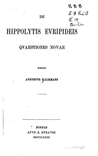 Cover for De Hippolytis Evripideis qvastiones novae