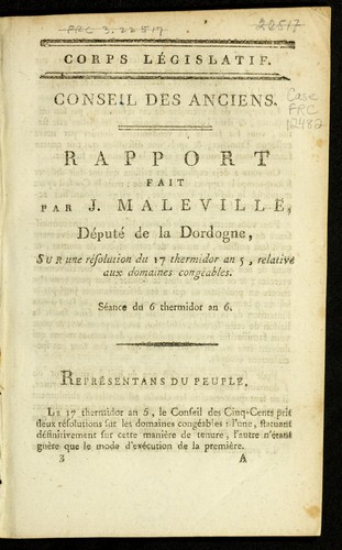 Cover for Rapport fait par J. Maleville, de pute  de la Dordogne, sur une re solution du 17 thermidor an 5, relative aux domaines conge ables