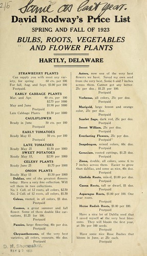 Cover for David Rodway's price list for spring and fall of 1923