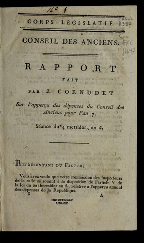 Cover for Rapport fait par J. Cornudet sur l'apperc ʹu des de penses du Conseil des anciens pour l'an 7