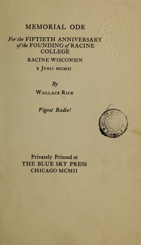 Cover for Memorial ode for the fiftieth anniversary of the founding of Racine college, Racine, Wisconsin.