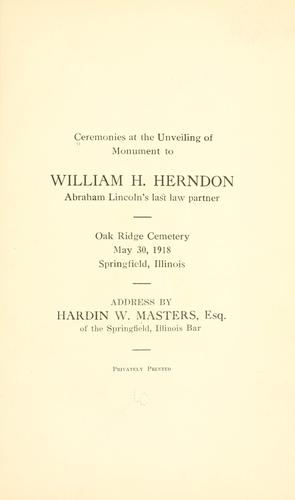 Cover for Ceremonies at the unveiling of monument to William H. Herndon