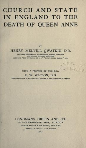 Cover for Church and state in England to the death of Queen Anne