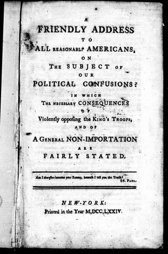 Cover for A friendly address to all reasonable Americans, on the subject of our political confusions