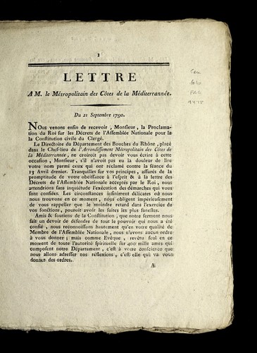 Cover for Lettre a M. le Me tropolitain des C^otes de la Me diterranne e