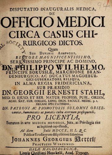 Cover for Disputatio inauguralis medica, de officio medici circa casus chirurgicos dictos ...