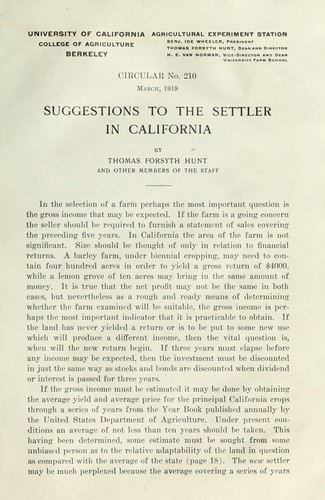 Cover for Suggestions to the settler in California