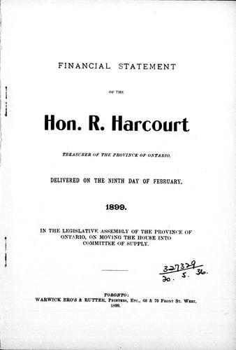 Cover for Financial statement of the Hon. R. Harcourt, treasurer of the province of Ontario, delivered on the ninth day of February, 1899