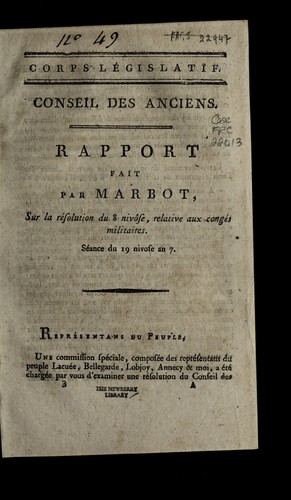 Cover for Rapport fait par Marbot, sur la re solution du 8 nivo se, relative aux conge s militaires