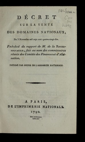 Cover for De cret sur la vente des domaines nationaux, du 3 novembre mil sept cent quatre-vingt-dix