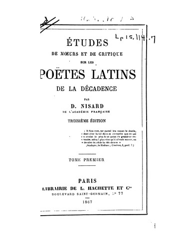 Cover for Études de moeurs et de critique sur les poëtes latins de la décadence
