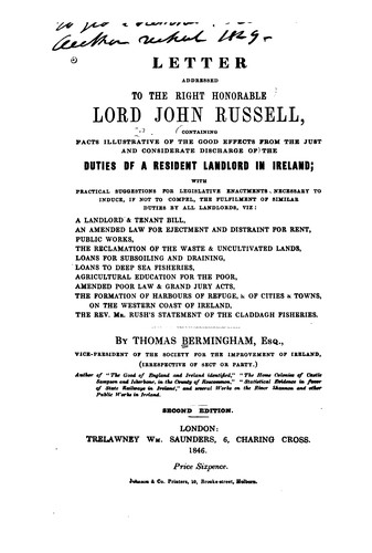 Cover for Letter Addressed to the Right Honorable Lord John Russell: Containing Facts Illustrative of the ...