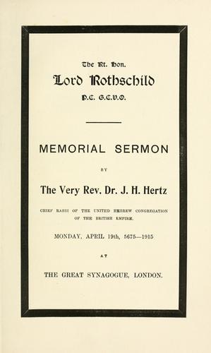 Cover for The Rt. Hon. Lord Rothschild ... Memorial sermon