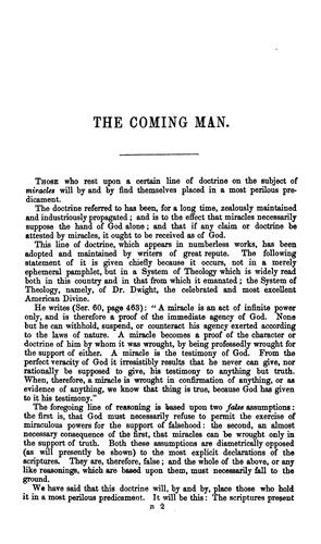 Cover for The coming man; or, Miracles not necessarily proofs of divine commission, by one unknown-yet ...