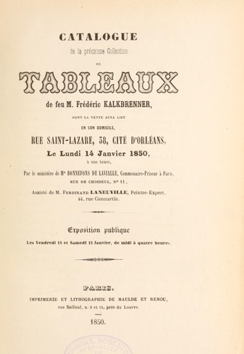 Cover for Catalogue de la précieuse collection de tableaux de feu M. Fréderic Kalkbrenner