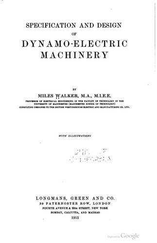 Cover for Specification and design of dynamo-electric machinery