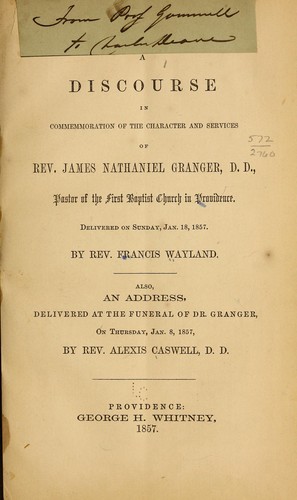 Cover for A discourse in commemoration of the character and services of Rev. James Nathaniel Granger D. D...